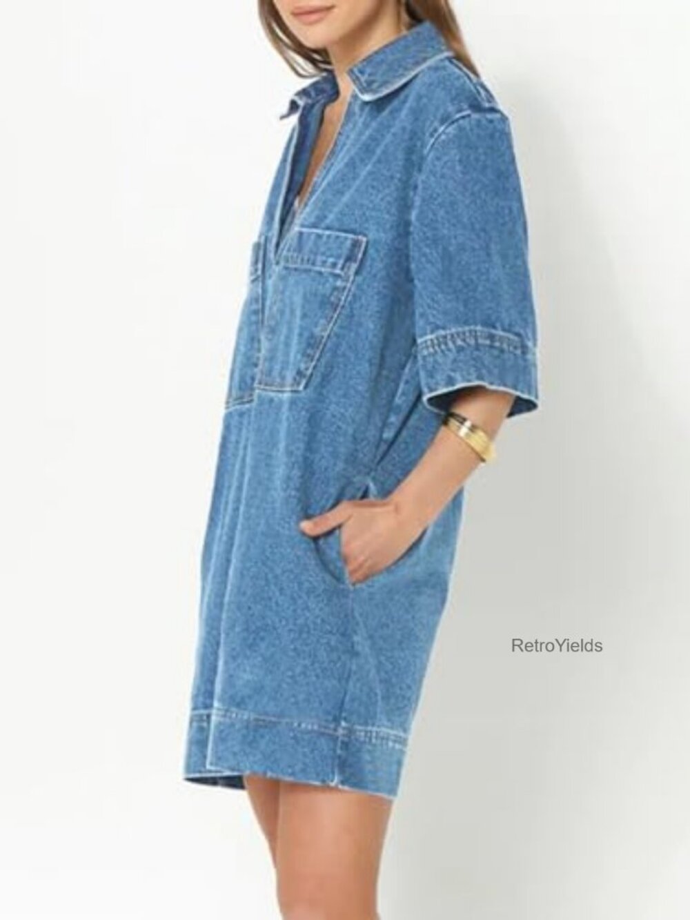 Denim Mini Dress Shift Silhouette Deep V Neck Short Sleeve Casual Staple - Picture 2 of 7